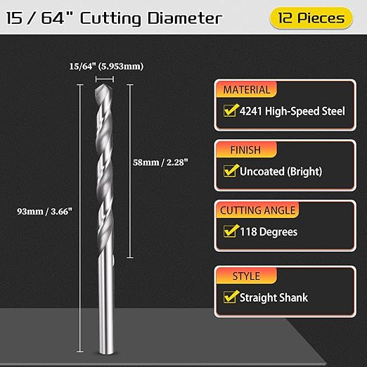 Drill Bit, 15/64" Cutting Diameter, 4241 HSS 118° Cutting Angle Uncoated Bright Versatile Jobber Bits - (Applications: for Drilling Plastic Wood Soft Metal), 12-Pieces