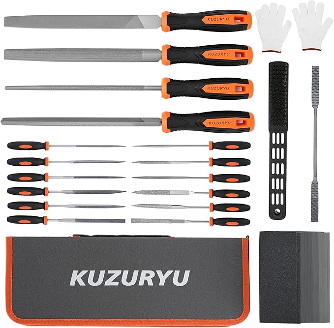 KUZURYU 31PCS Metal File Set - 4 Metal Files for Steel and 12 Needle Files with Steel Brush, Tool Bag, Riffler File, 12 Sandpaper and Gloves, Suitable for Metal and Wood Processing