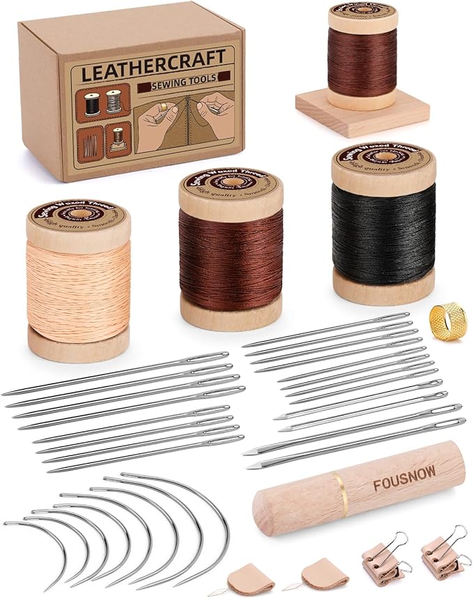 FOUSNOW Leather Sewing Kit, Leather Stitching Kit, Heavy Duty Sewing Kit with Round Waxed Thread, Needles for Hand Stitching, Upholstery Repair Kit for Canvas Carpets Shoe Clothes