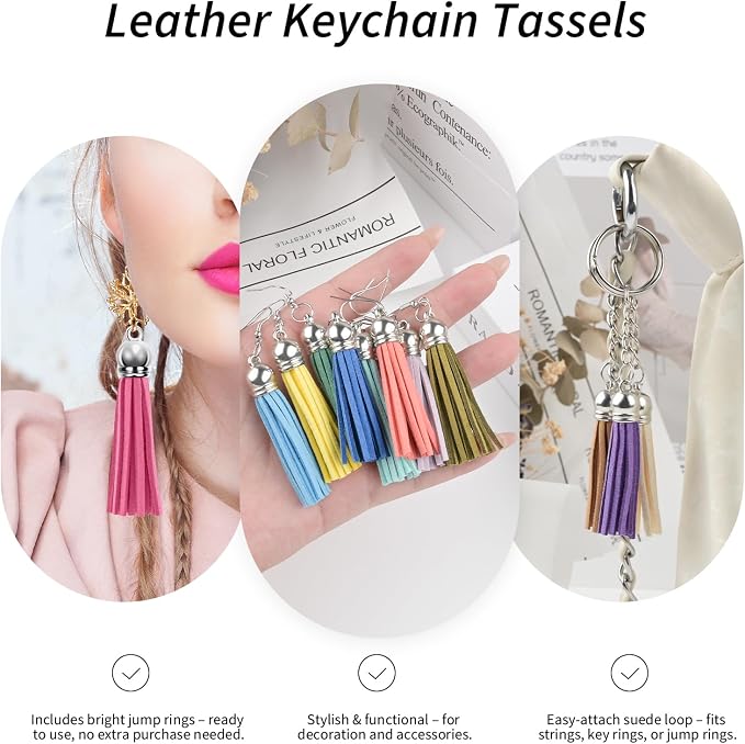 120 Pack Leather Keychain Tassels Charms Silver White Cap Multicolor Tassels - Image 4