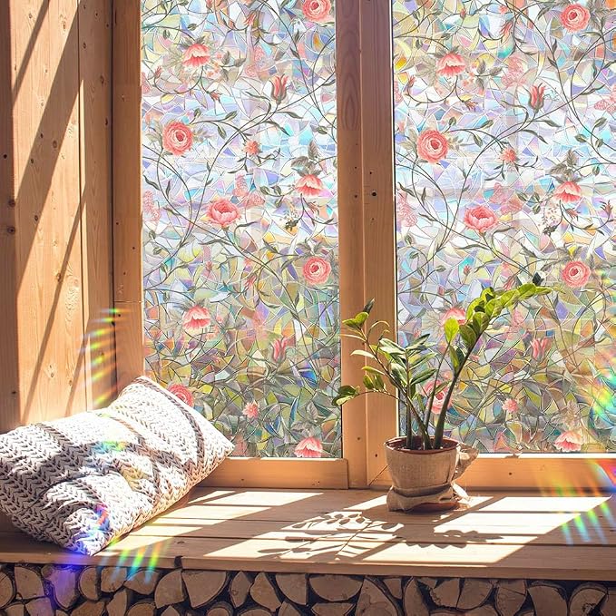 Retro Rose Window Privacy Film, Stained Glass Decals Red Rose Privacy Rainbow - Image 5