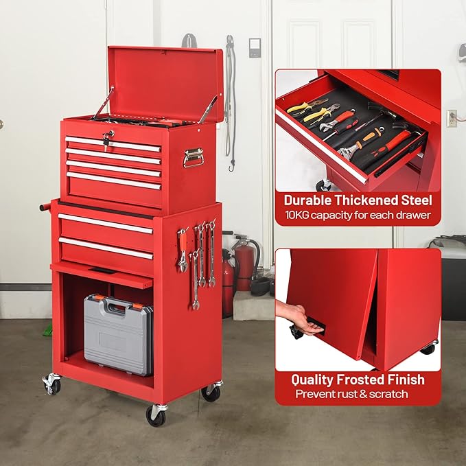 S AFSTAR 6-Drawer Rolling Tool Chest, High Capacity Tool Storage Cabinet with 4 Hooks, Locking System and Universal Wheels, 2-in-1 Detachable Large Toolbox for Garage Workshop (Red)