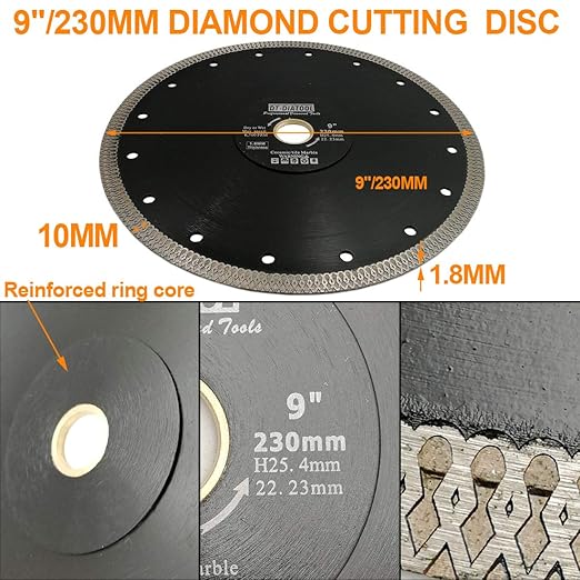 DT-DIATOOL Diamond Tile Blade 9 Inch Diamond Turbo X Mesh Rim Segement Circular Saw Blade for Procelain Ceramic Stoneware Marble Granite Fits 5/8"-7/8" Arbor