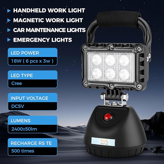 SMA LED 18W Work Light 2400LM Aluminum Alloy Strong Magnetic Waterproof Dustproof Portable Handle Floodlight Suitable for Repair Workshop Garage Construction Site (Blue)