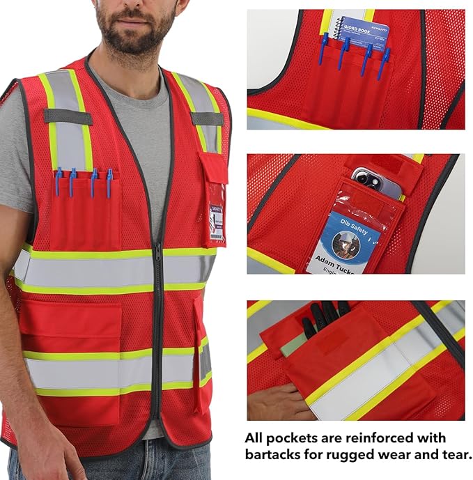 Dib Safety Reflective Mesh Vest High Visibility Two Tone with Pockets and Zipper, Red Mesh with Yellow Trim L