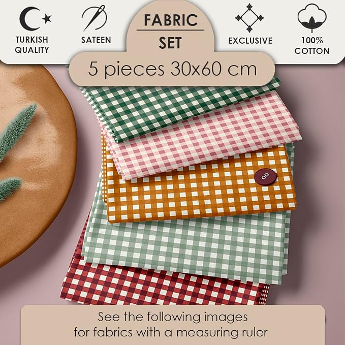 Gingham Cotton Fabric Bundle, 5 Coordinating Checkered Fabric Panels, 23.6 x - Image 2