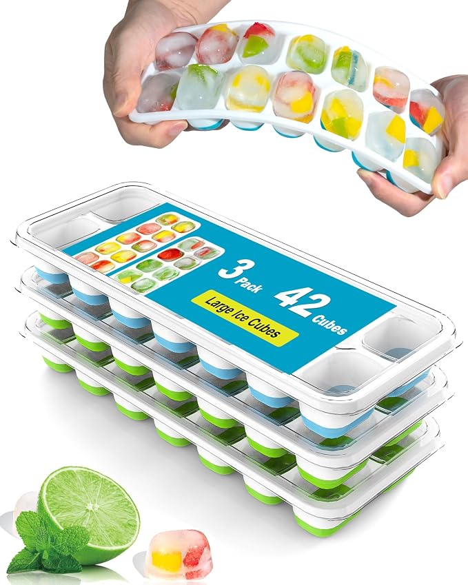 3 Pack Ice Cube Trays with Lid for Freezer, Flexible Silicone Bottom for Easy by DclobTop