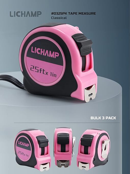 Lichamp Tape Measure 25 Feet, Pink Tape Measure 3 Pack 25ft x 1in with 1/8 Fractions, 0325PK