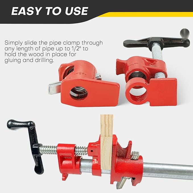 Wood Gluing Pipe Clamp Set | 1/2" Heavy Duty Woodworking Cast Iron Pipe Clamps Quick Release Pipe Wood Clamps (4 Pack, 1/2")