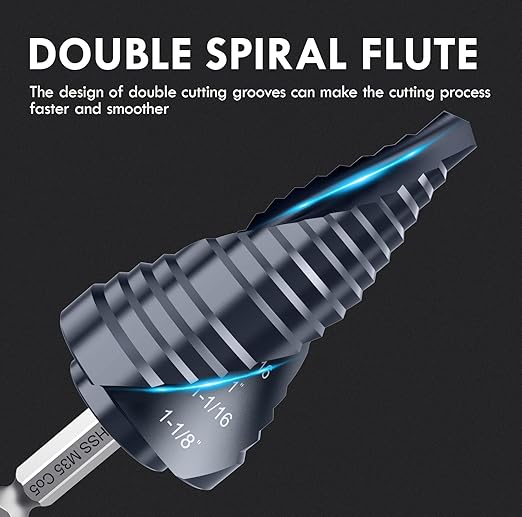 Spiral Flute Cobalt Step Drill Bit M35,Hex Shank Unibit for Metal, Stainless Steel (1/4"-1-1/8")