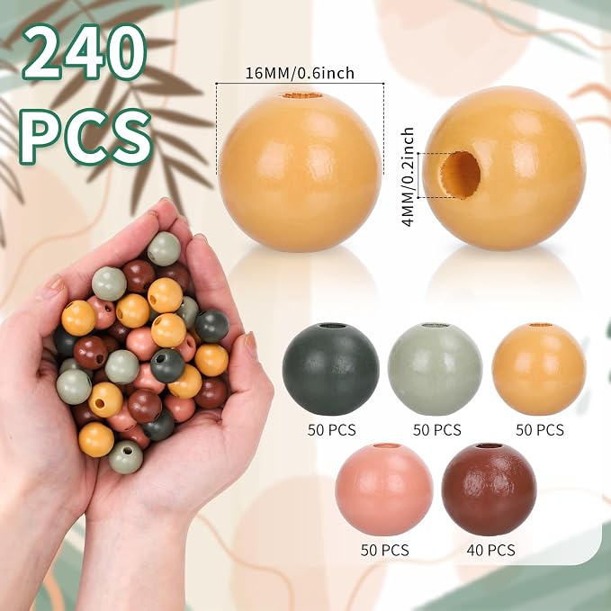 Whaline 240 Pcs Modern Boho Color Wooden Beads Sage Green Pink Orange Brown - Image 2