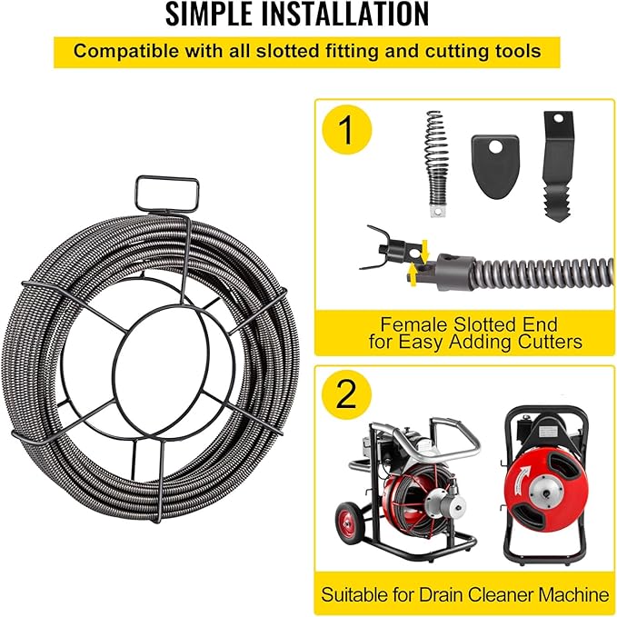 VEVOR Drain Cleaning Cable 75ft x 1/2 inch Solid Core Cable Sewer Cable, Drain Auger Cable Cleaner, Snake Clog Pipe Drain Cleaning Cable W/Four Shapes of Cutters