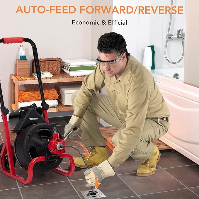 PioneerWorks 75Ft x 1/2 Inch Drain Cleaner Machine, Auto-feed Electric Drain Auger Professional for 2 to 4 Inch Pipes, with 6 Cutters, Glove, Drain Auger Cleaner Sewer Snake