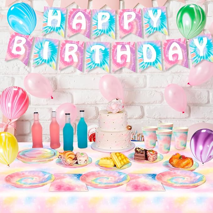 Tie Dye Birthday Party Supplies, 16 Guests Tie Dye Party Tableware Set Colorful - Image 3
