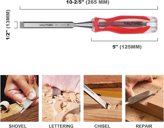 HAUTMEC 1/2" Wood Chisel – High-Impact Drop-Forged CRV Steel, Fully Polished Beveled Edge Blades, Heavy-Duty Strike Cap & Extended Anti-Skid Handle – HT0360