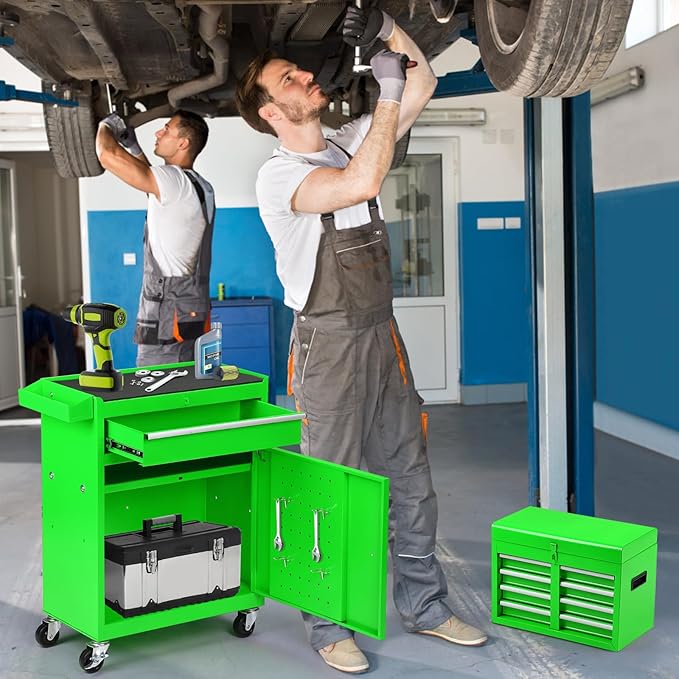 Rolling Tool Chest - 5 Drawers Tool Box Organizer with Lockable Wheels, Sliding Drawers, Detachable Top Tool Box - Tool Storage Cabinet for Garage Workshop, Green