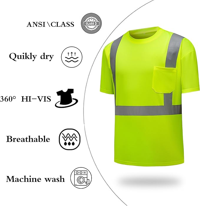 High Visibility Shirts Quick Dry Safety T Shirts with Reflective Strips and Pocket Short Sleeve Mesh Hi Vis Construction Work Class 2 Shirt for Men/Women Lime,Large