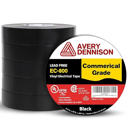 Avery Dennison Electrical Tape, 6 Rolls Commercial Grade PVC Electric Tape, UL/CSA Listed ¾ in x 99 ft Insulating Vinyl Tape for Electrical, Repairs, Automotive and Equipment, EC-800, Black