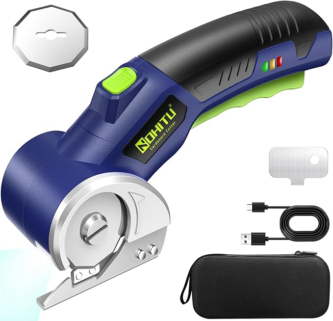 Cordless Electric Scissors: 4V Rechargeable Rotary Cardboard Cutter, 3000mAh Battery, with LED Light, 2 Blades, Box Cutter for Fabric Carpet Carton Plastic Leather Cloth (Blue)