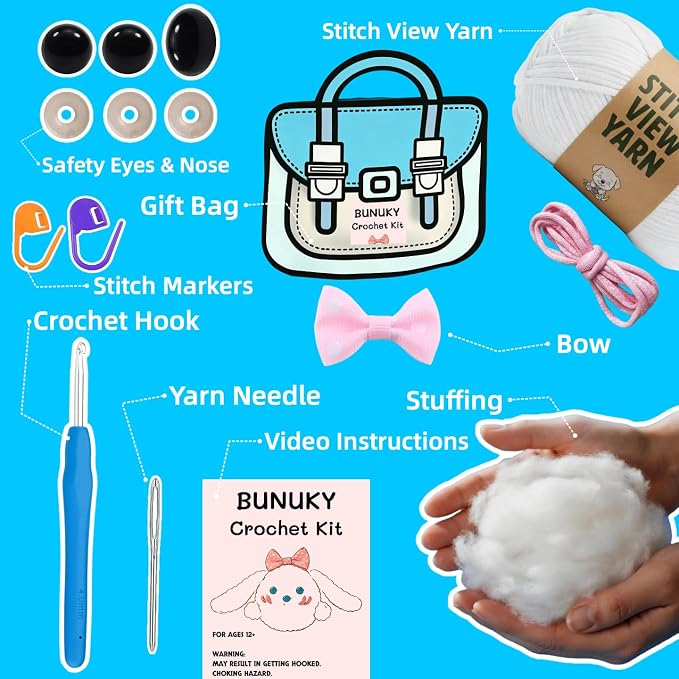BUNUKY Beginner Crochet Kit, Snowy Bunny Amigurumi Starter Kit - Image 5