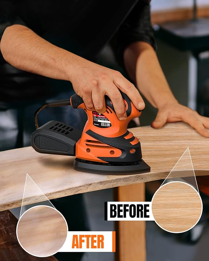 Detail Sander, 1.5A 15000 OPM Electric Sander with 24pcs Sandpapers, Efficient Dust Collection System & Detail Finger Attachment, Soft Grip Handle, Compact Hand Sander for Woodworking