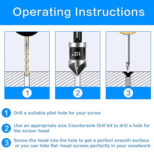Countersink Drill Bit Set 5-Piece, M2 HSS, 82 Degree, 5 Flute, ¼” Quick Change Hex Shank, 1/4” 3/8” 1/2” 5/8” 3/4” Sharp and Durable Countersink Bits for Metal Wood and Plastic, with Storage Case