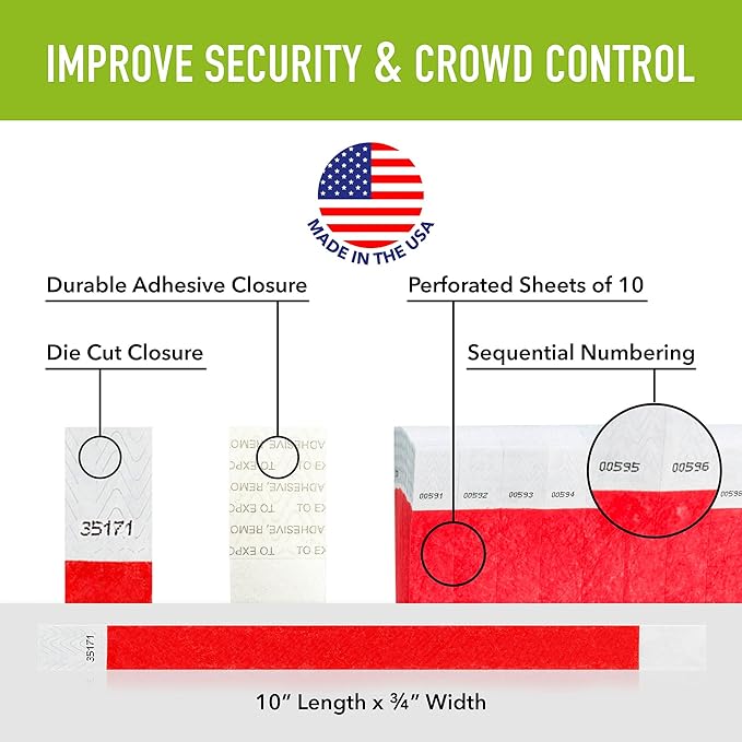 1,200 WristCo Neon Red Tyvek Wristbands for Events - Tamper-Proof Design & Fluorescent Color Prevent Reuse Premium-Grade Bracelets for Hospital & Medical ID, Party & VIP Identification