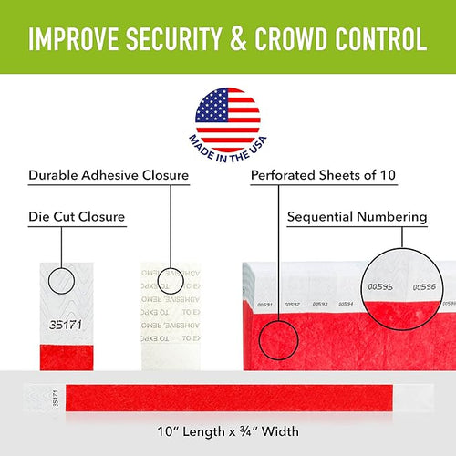 1,000 WristCo Neon Red Tyvek Wristbands for Events - Tamper-Proof Design & Fluorescent Color Prevent Reuse Premium-Grade Bracelets for Hospital & Medical ID, Party & VIP Identification
