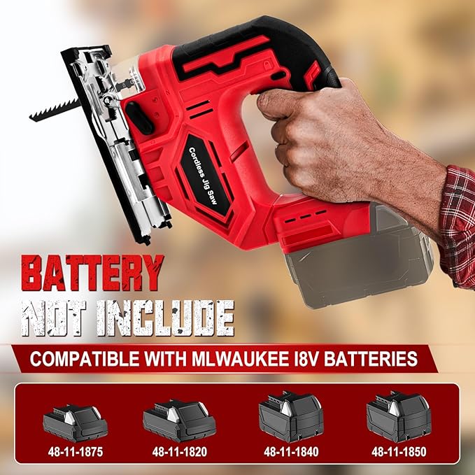 Cordless Jigsaw for Milwaukee 18V Batteries, Brushless Jig Saw Tool with 3 Position Orbital Settings, Adjustable Bevel Cuts (0-45°), Tool-Free Blade Change, LED Light(Tool Only)