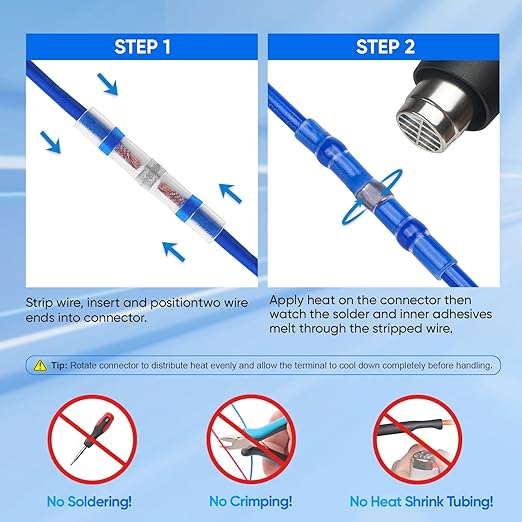 TICONN 150 PCS Solder Seal Wire Connectors, Heat Shrink Butt Connectors, Waterproof and Insulated Electrical Wire Terminals, Butt Splice (150PCS, Blue)