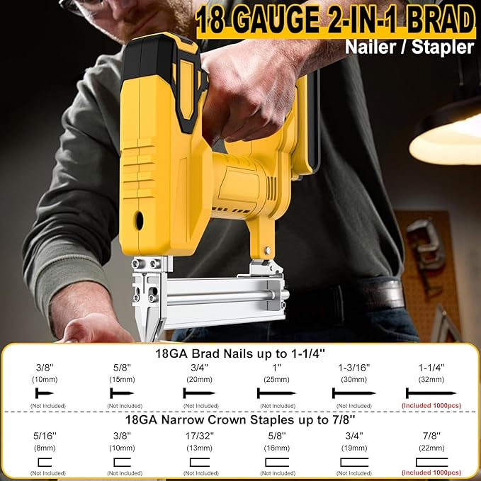 18 Gauge Cordless Brad Nailer Compatible with Dewalt 20V Battery (Not Included), Nail Gun/Staple Gun Battery Powered with 2000 Nails, Drives up to 1-1/4in Nails & Crown 7/8in Staples