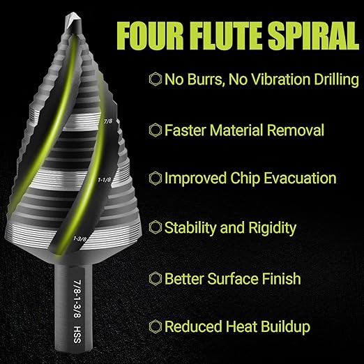 5 Pcs Four Spiral Flute Step Drill Bit Set, 6 Pcs Countersink Drill Bits with 1/4 Inch Quick Change Hex Shank, Nitriding HSS Drill Bits for Metal, Aluminum, Wood, Plastic