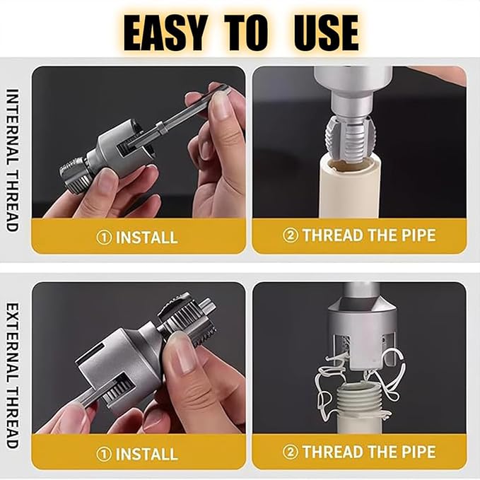 Integrated Internal & External Pipe Threading Tool, Pipe Thread Cutting Tool, Electric Drill Compatible 2 In 1 PVC Pipe Threader Kit, 1/2" 3/4" PVC Thread Maker Tool for Water Pipes (1 Pc 1/2’’)