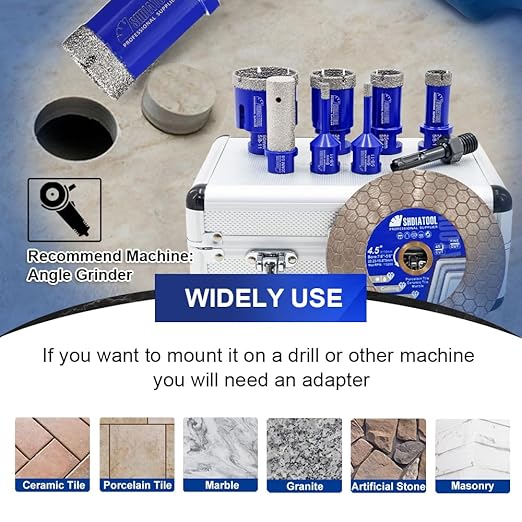 SHDIATOOL Diamond Tile Drill Bits Kit 9pcs, Porcelain Hole Saw Sets, Core Bits Cutter for Drilling Ceramic Marble Granite (6/6/20/25/35/50MM/20MM/SDS/4.5")