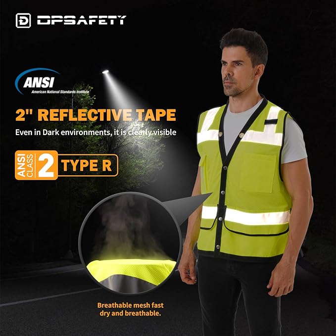 Reflective Safety Vest With Back Plan Pocket, High Visibility Class 2 Heavy Duty Surveyor, ANSI/ISEA Standard Construction Work for Men & Women (Lime-Button, XL)