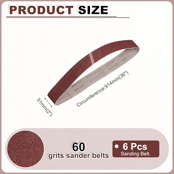 HARFINGTON 2 x 36 Inch Sanding Belts, 6 Pcs 60 Grits Aluminum Oxide Abrasive Belt Sander File Belt for Woodworking, Metal Polishing, Knife Sharpener
