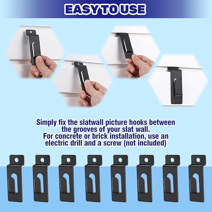 30Pcs Slatwall Utility Notch Hooks, Slat Wall Picture Display Hooks Hanger Panel Shelf Pegboard Slatwall Accessories for Photo Frame Painting Arts Hanging Home Office (Black)