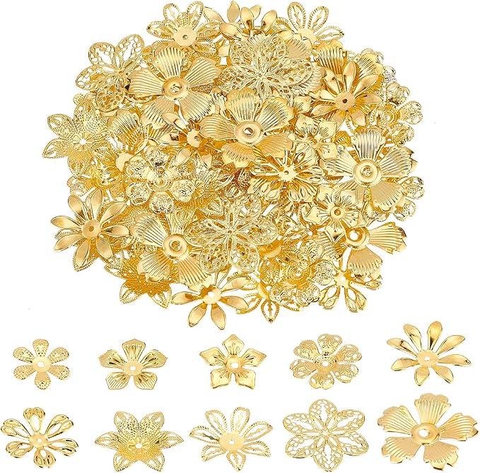 PandaHall 200pcs Flower Bead Cap, 10 Styles Bead End Caps Filigree Spacer Beads by PHPandaHall