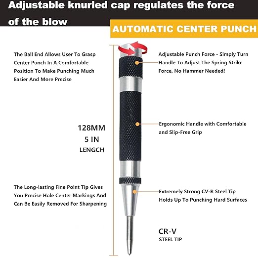 2 Pack Steel Automatic Center Punch with Adjustable Stroke - 5" (125mm) Length Spring Loaded Style, Knurled Steel Handle for Metal Wood Glass Plastic, Metal Marking Tool for Woodworking