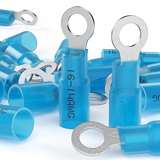 AIRIC 16-14 AWG - #10 Heat Shrink Ring Terminals, Copper Terminal Connector Ends, Battery Cable End Lugs, Blue Insulated Electrical Crimp Wiring Connectors, Wire Lug for 16, 14 Gauge Wires, 100 PCS