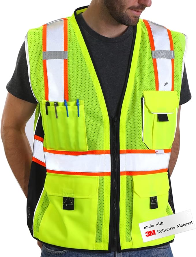 Dib Safety Vest Reflective Yellow Mesh, High Visibility Vest with Pockets and Zipper, ANSI Class 2 Heavy Duty, Made with 3M Reflective Tape L