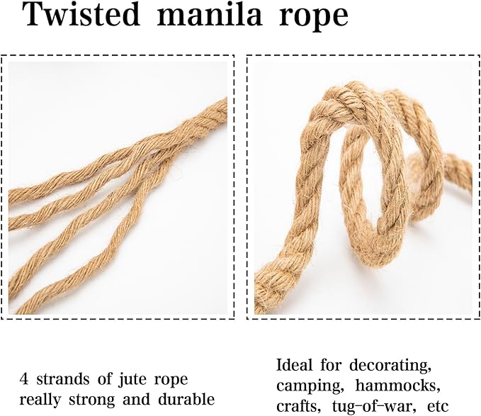 Natural Jute Rope 1/2 inch 20 feet, Twisted Manila Rope Hemp Rope Sisal Rope for Cat Scratching Post, Camping, Crafts, Tug of War, Railings Decorate, Hanging, Hammock, DIY Projects