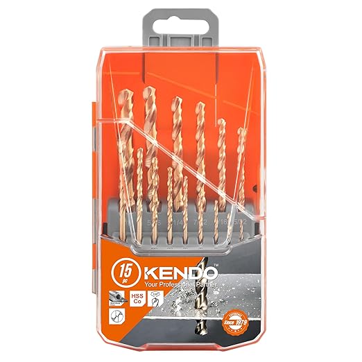 KENDO 15 PCS Cobalt Drill Bit Set(1/16"-3/8"), M35 High Speed Steel, 135 Degree Tip, Twist Jobber Length Drill Bits Set for Hard Metal, Stainless Steel, Cast Iron and Wood with Storage Case
