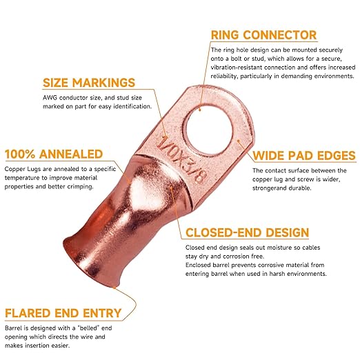 Copper Lugs kit 1/0 Gauge 2 Gauge 6 Gauge Battery Cable Lugs 5/16" and 3/8" Stud Ring Terminals Heavy Duty 0 2 6 AWG Wire Lugs 28 PCS Battery Cable Ends Wire Connectors with 28 PCS Heat Shrink Tubing