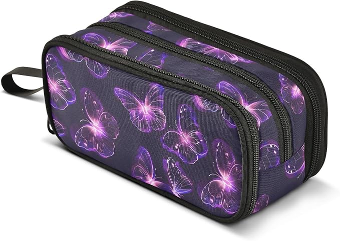 Butterflies Purple Neon Pencil Case Box Boys Girls Large Pencil Pouch Zipper by BOENLE-WELCOMEYOURCOMING