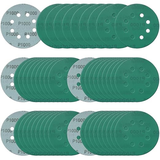 5 Inch 8 Hole Sanding Discs, 50 Pcs Wer Dry Sandpaper 1000 Grit Hook and Loop Green Polyester Film Backed Sanding Disc for Random Orbital Sander Wood Car Metal Plastic (1000 Grit, 50 Pack)