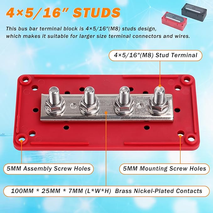 300A Heavy Duty Module Bus BAR 12V 24V 48V DC Power Distribution Block with 4 x 5/16" (M8) Battery Terminal Distribution Block - Buss Bar -Marine Bus Bar (Black & Red)