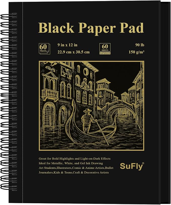 SuFly Black Paper Notebook, 60 Sheets Spiral Bound Sketch Book 9x12, by SuFlyDirect