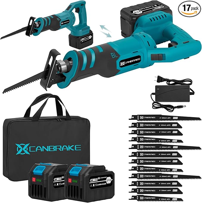 Cordless Rotated Handle Reciprocating Saw, 2 x 6.0Ah Battery, 12Pcs Blades, 28MM Stroke, 180° Cutting Angle, Wood/Metal/PVC