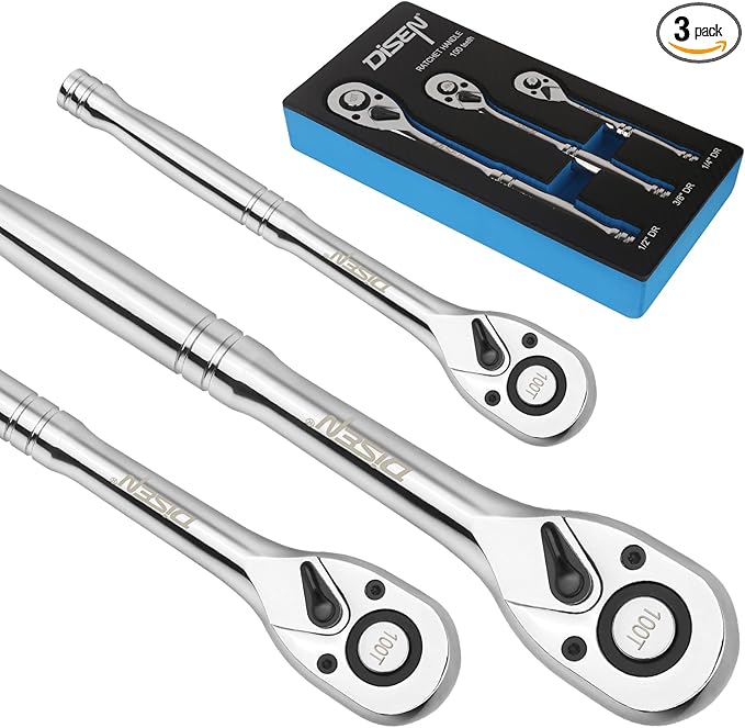 DISEN 3-Piece Standard Ratchet Set – 1/4", 3/8", 1/2" Drive with EVA Storage Tray | 100-Tooth Ratchet, Non-Slip Grip, Quick Release Button | Reversible Design with 3.6° Swing for Tight Spaces